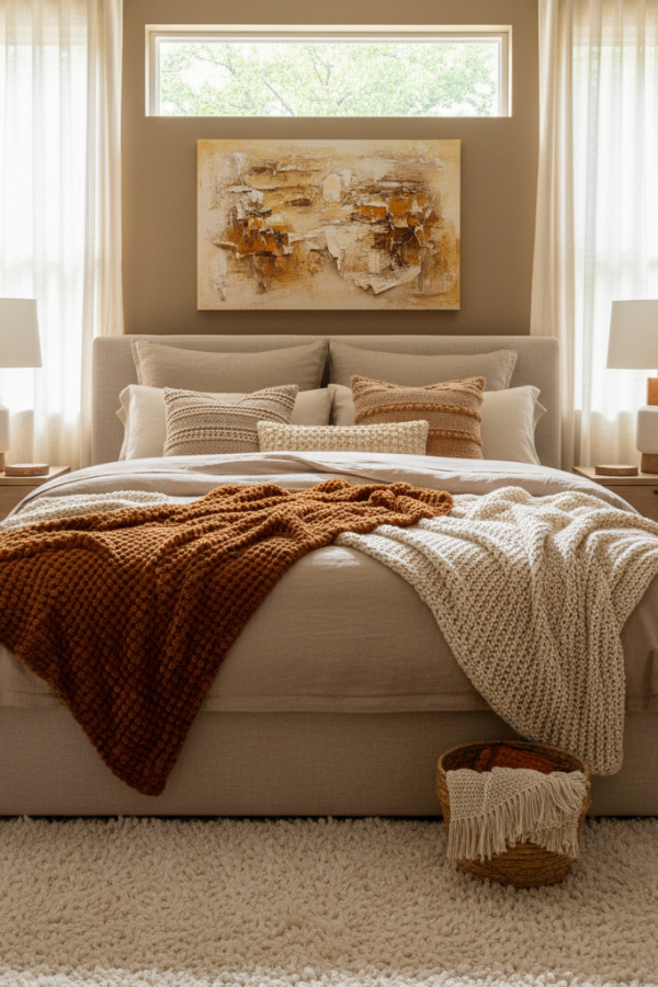 Platform Bed in Guest Room, Linen Upholstery, Layered Throw Blankets, Bright Cozy Modern Space Platform Bed in Guest Room, Linen Upholstery, Layered Throw Blankets, Bright Cozy Modern Space