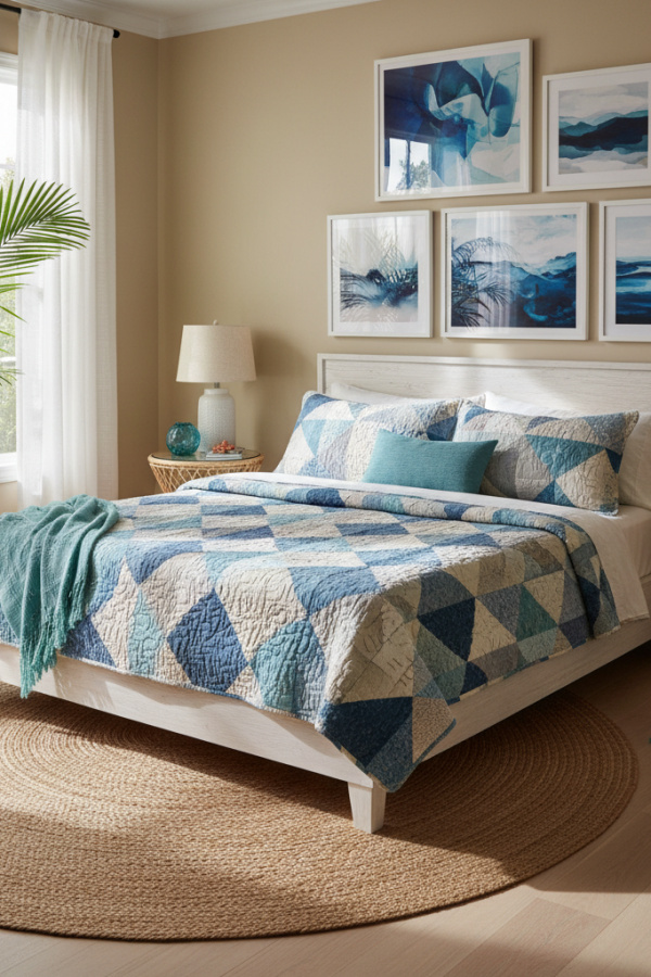 Low-Profile Bed in Guest Room, Whitewashed Wood, Quilted Bedspread, Bright Coastal Modern Space Low-Profile Bed in Guest Room, Whitewashed Wood, Quilted Bedspread, Bright Coastal Modern Space