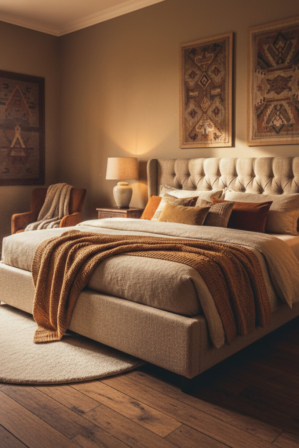 Upholstered Bed in Guest Room, Wool Blend Fabric, Textured Throw Pillows, Sunlit Comfortable Bedroom Upholstered Bed in Guest Room, Wool Blend Fabric, Textured Throw Pillows, Sunlit Comfortable Bedroom