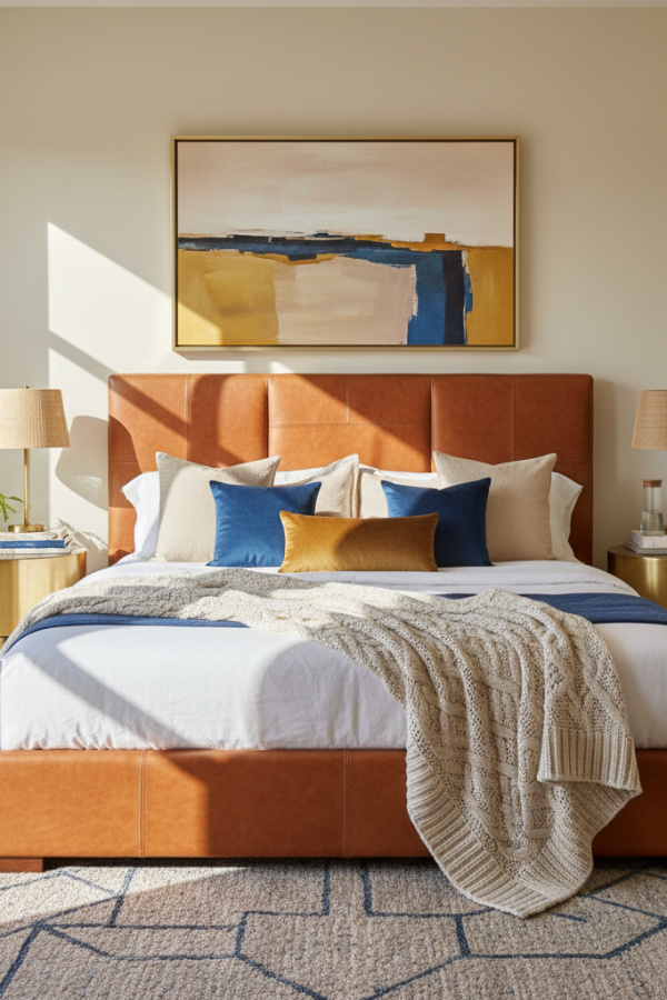 Platform Bed in Guest Room, Leather Accent Headboard, Cable Knit Throw, Bright Sophisticated Bedroom Platform Bed in Guest Room, Leather Accent Headboard, Cable Knit Throw, Bright Sophisticated Bedroom