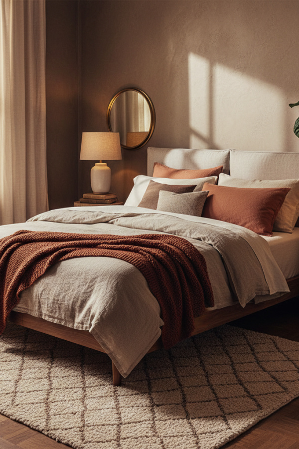 Low-Profile Bed in Guest Room, Teak Wood Base, Layered Linen Bedding, Sunlit Serene Space Low-Profile Bed in Guest Room, Teak Wood Base, Layered Linen Bedding, Sunlit Serene Space