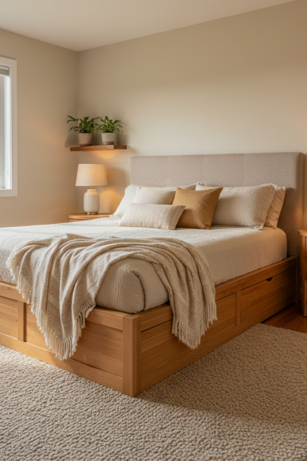 Storage Bed in Guest Room, Maple Wood Finish, Soft Cashmere Throw, Vibrant Efficient Bedroom Storage Bed in Guest Room, Maple Wood Finish, Soft Cashmere Throw, Vibrant Efficient Bedroom