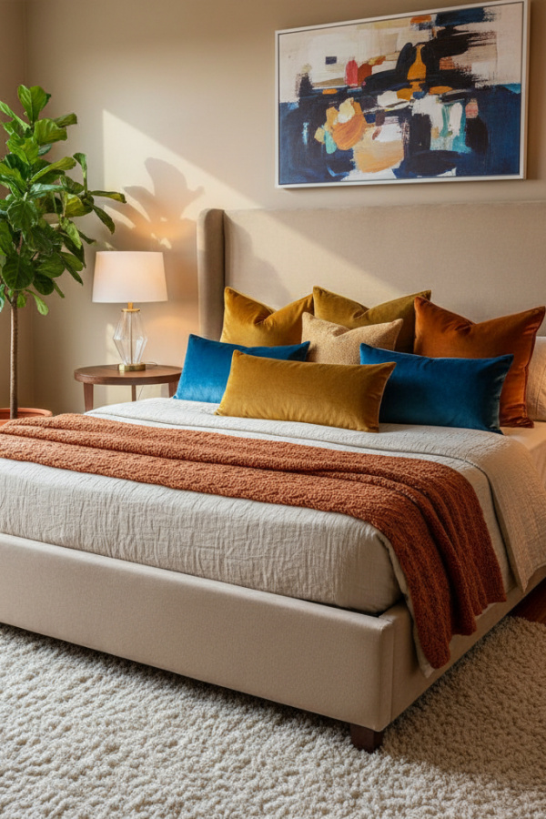 Simple Wing Bed in Guest Room, Upholstered Frame, Velvet Throw Pillows, Bright Transitional Space Simple Wing Bed in Guest Room, Upholstered Frame, Velvet Throw Pillows, Bright Transitional Space