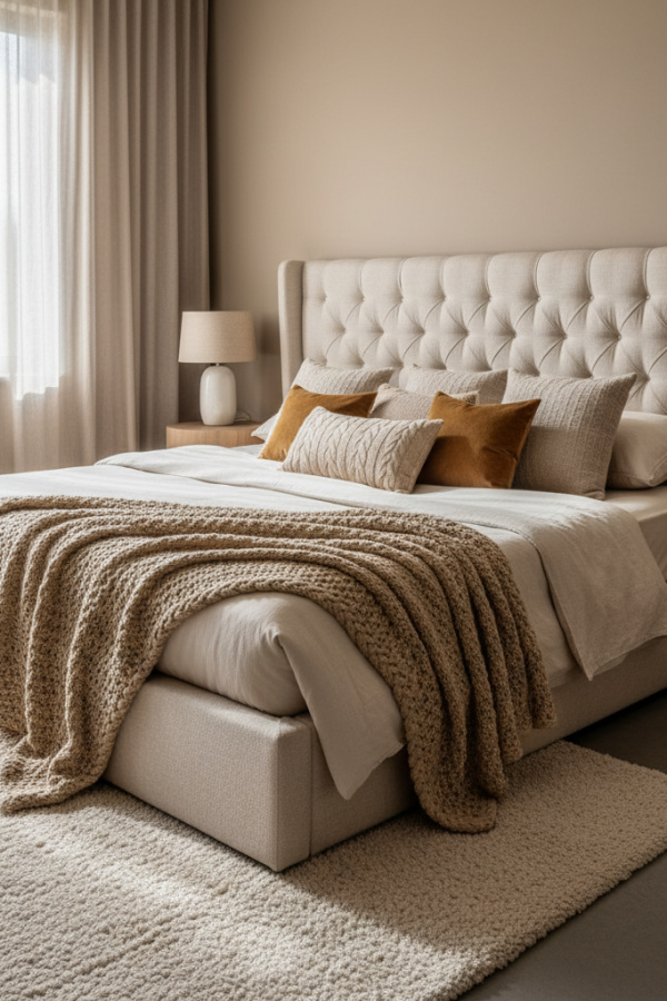 Platform Bed in Guest Room, Tufted Headboard, Merino Wool Blanket, Elegant Cozy Modern Space Platform Bed in Guest Room, Tufted Headboard, Merino Wool Blanket, Elegant Cozy Modern Space