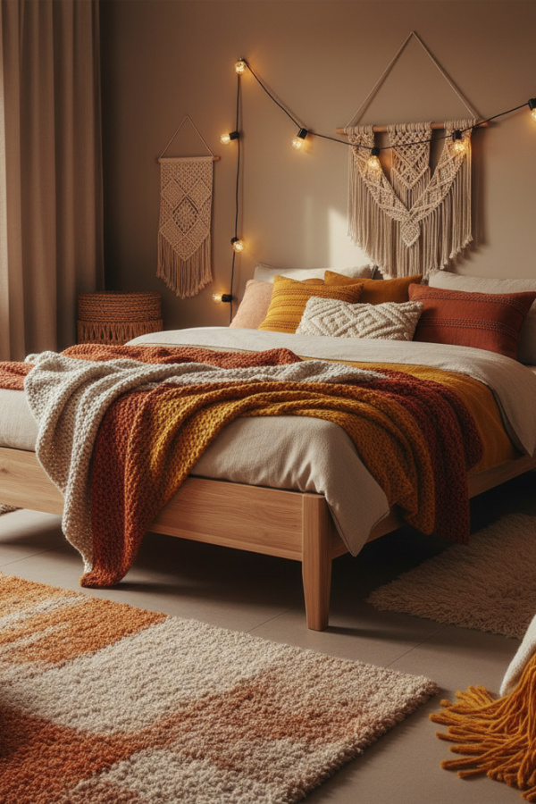 Low-Profile Bed in Guest Room, Natural Oak Frame, Soft Knit Textiles, Vibrant Scandinavian Space Low-Profile Bed in Guest Room, Natural Oak Frame, Soft Knit Textiles, Vibrant Scandinavian Space