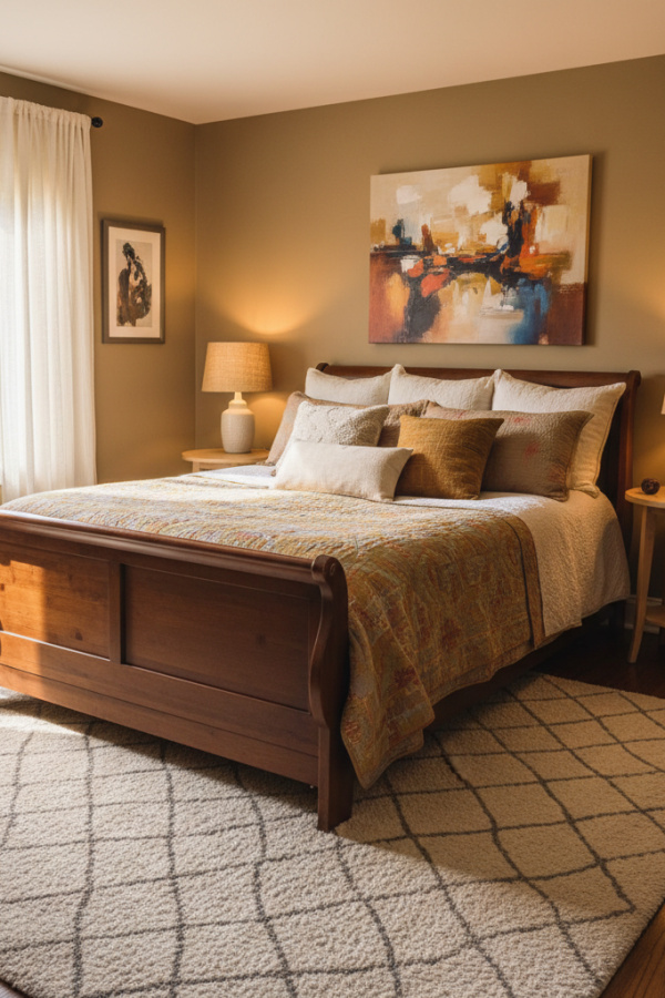Simple Sleigh Bed in Guest Room, Walnut Wood, Oversized Pillows, Bright Contemporary Bedroom Simple Sleigh Bed in Guest Room, Walnut Wood, Oversized Pillows, Bright Contemporary Bedroom