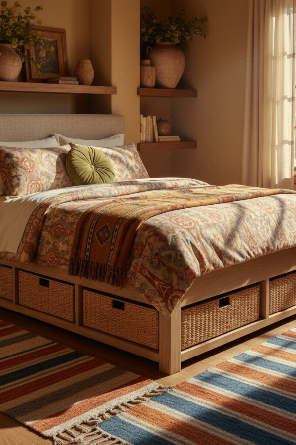 Storage Bed in Guest Room, Light Ash Wood, Woven Basket Accents, Sunlit Practical Space Storage Bed in Guest Room, Light Ash Wood, Woven Basket Accents, Sunlit Practical Space
