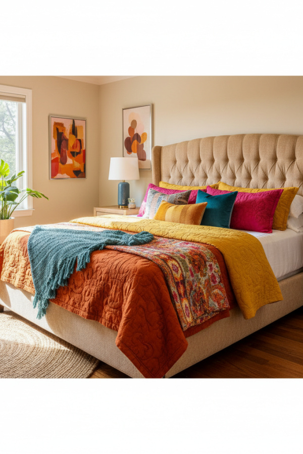 Upholstered Bed in Guest Room, Textured Chenille, Layered Bedding Vignette, Vibrant Inviting Bedroom Upholstered Bed in Guest Room, Textured Chenille, Layered Bedding Vignette, Vibrant Inviting Bedroom