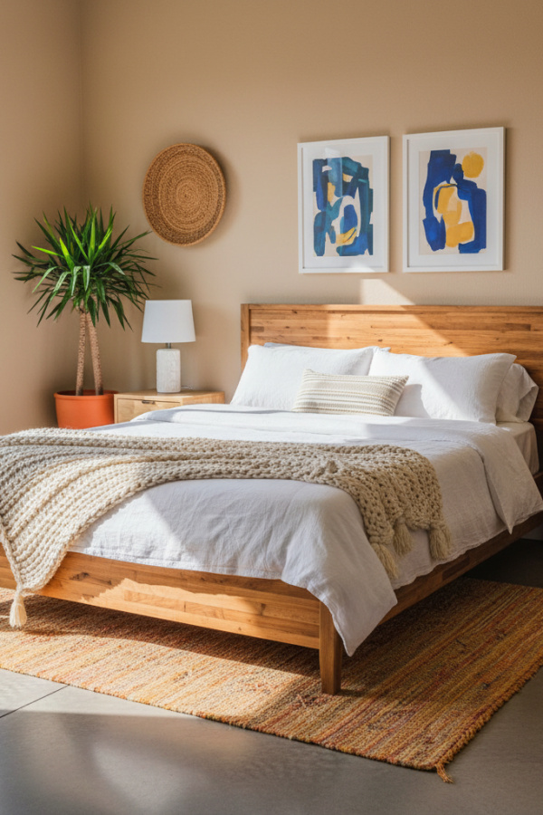 Minimalist Panel Bed in Guest Room, Reclaimed Wood Frame, Chunky Knit Throw, Bright Organic Modern Space Minimalist Panel Bed in Guest Room, Reclaimed Wood Frame, Chunky Knit Throw, Bright Organic Modern Space