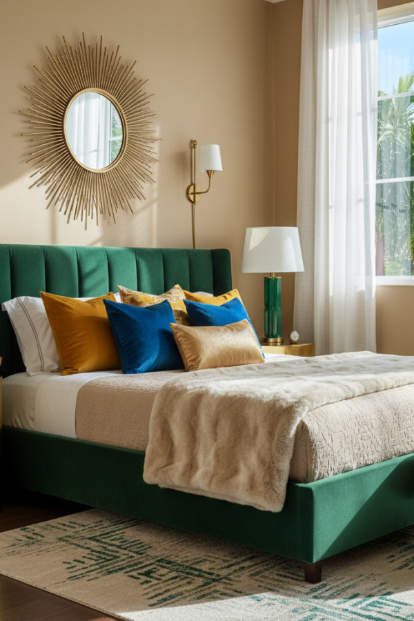 Platform Bed in Guest Room, Velvet Upholstery, Faux Fur Accent, Vibrant Luxe Bedroom Platform Bed in Guest Room, Velvet Upholstery, Faux Fur Accent, Vibrant Luxe Bedroom