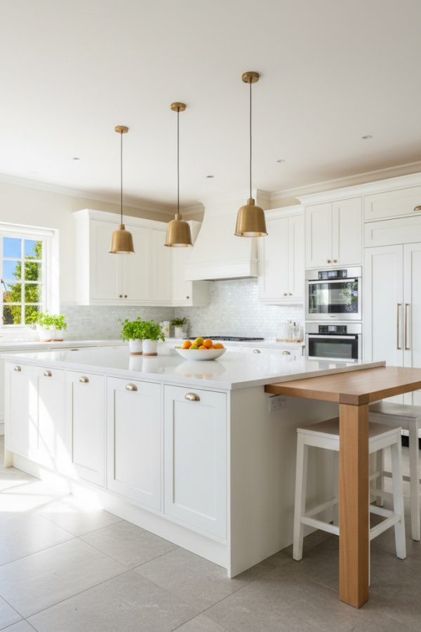Open Kitchen Island, White Cabinetry, Large Central Unit, Seating for Four, Bright Contemporary Space Open Kitchen Island, White Cabinetry, Large Central Unit, Seating for Four, Bright Contemporary Space