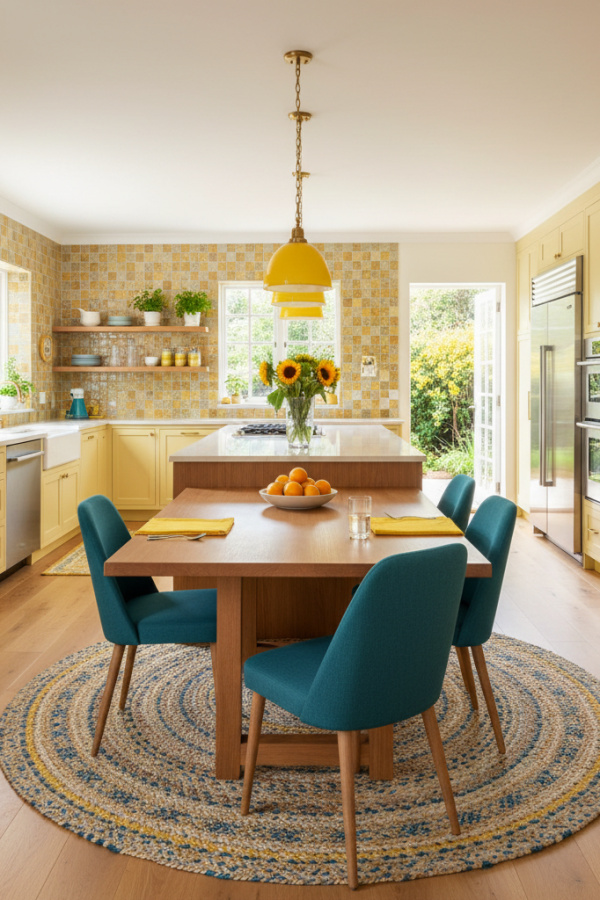 Open Kitchen Island, Medium Wood Tone, Built-In Dining Table, Extended Countertop, Bright Multi-Functional Space Open Kitchen Island, Medium Wood Tone, Built-In Dining Table, Extended Countertop, Bright Multi-Functional Space