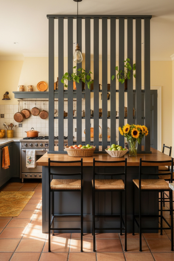 Open Kitchen Peninsula, Charcoal Gray Base, Bar Height Seating, Visual Divider, Sunlit Defined Space Open Kitchen Peninsula, Charcoal Gray Base, Bar Height Seating, Visual Divider, Sunlit Defined Space
