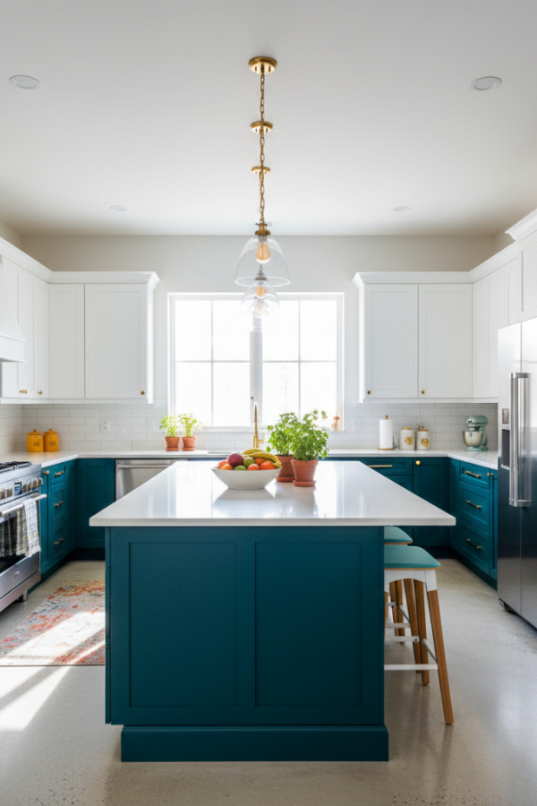 Open Kitchen Layout, Two-Tone Teal White, L-Shape with Island, Traffic Flow Zones, Vibrant Efficient Space Open Kitchen Layout, Two-Tone Teal White, L-Shape with Island, Traffic Flow Zones, Vibrant Efficient Space