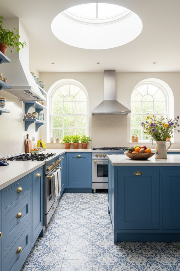 Open Kitchen Layout, Pale Blue Cabinets, Galley Plus Island, Compact Efficient Design, Sunlit Smart Space Open Kitchen Layout, Pale Blue Cabinets, Galley Plus Island, Compact Efficient Design, Sunlit Smart Space