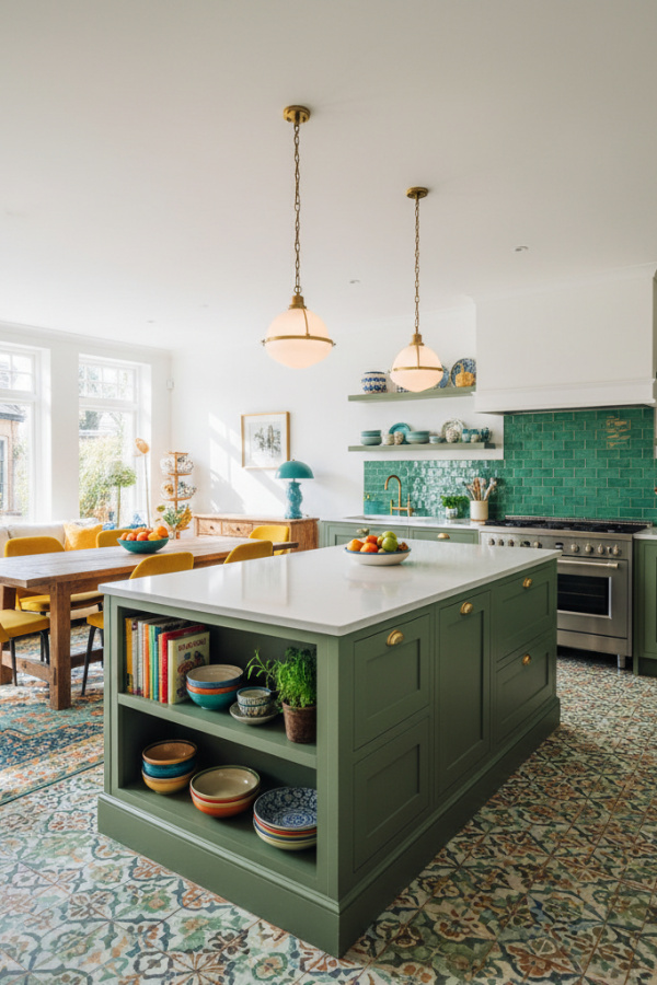 Open Kitchen Peninsula, Olive Green Base, Storage Both Sides, Living Room Facing, Vibrant Organized Space Open Kitchen Peninsula, Olive Green Base, Storage Both Sides, Living Room Facing, Vibrant Organized Space