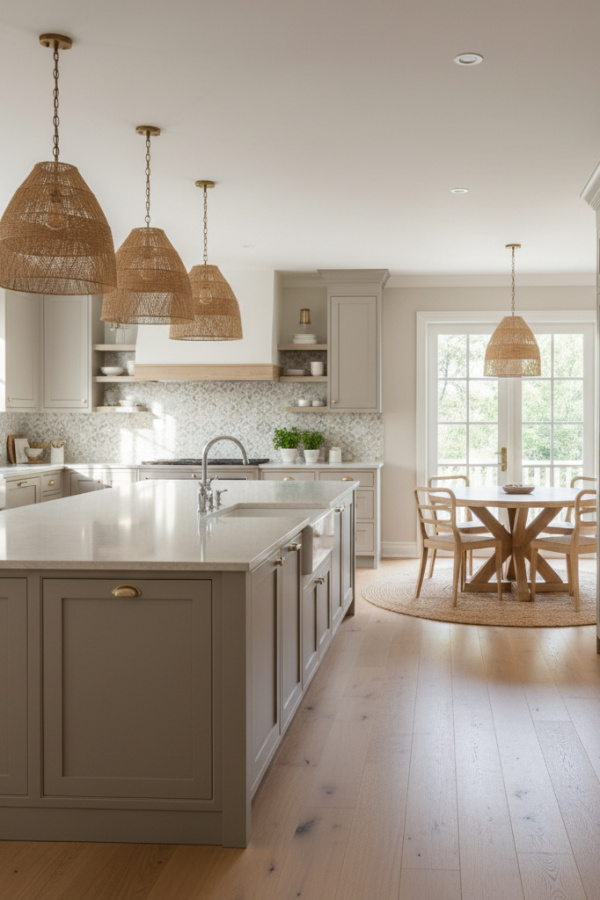 Open Kitchen Island, Soft Taupe Cabinets, Oversized Design, Prep Sink Included, Bright Workstation Space Open Kitchen Island, Soft Taupe Cabinets, Oversized Design, Prep Sink Included, Bright Workstation Space