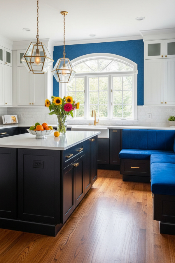 Open Kitchen Layout, Black Lower White Upper, Angled Island Placement, Conversation Area, Sunlit Dynamic Space Open Kitchen Layout, Black Lower White Upper, Angled Island Placement, Conversation Area, Sunlit Dynamic Space