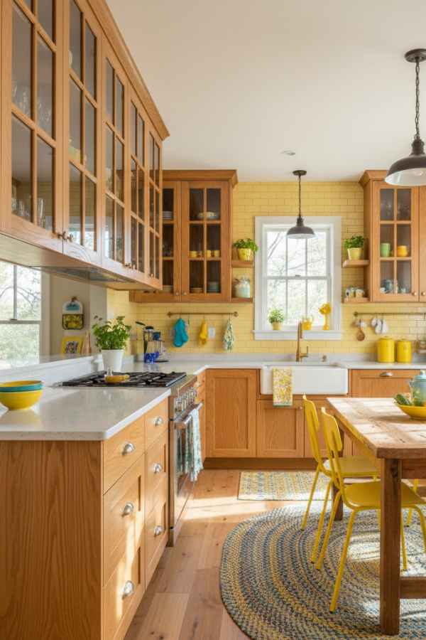 Open Kitchen Peninsula, Honey Oak Wood, Glass Upper Cabinets, See-Through Design, Vibrant Connected Space Open Kitchen Peninsula, Honey Oak Wood, Glass Upper Cabinets, See-Through Design, Vibrant Connected Space