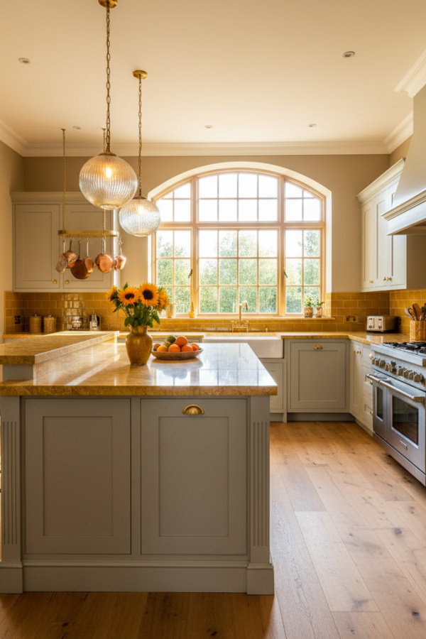 Open Kitchen Peninsula, Light Gray Cabinets, L-Shape Layout, Breakfast Bar Extension, Sunlit Transitional Space Open Kitchen Peninsula, Light Gray Cabinets, L-Shape Layout, Breakfast Bar Extension, Sunlit Transitional Space