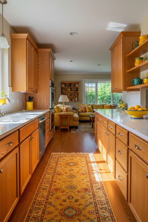 Open Kitchen Galley, Natural Oak Cabinets, Parallel Counters, Living Room Sightline, Vibrant Minimalist Space Open Kitchen Galley, Natural Oak Cabinets, Parallel Counters, Living Room Sightline, Vibrant Minimalist Space