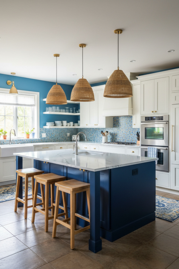 Open Kitchen Island, Navy Blue Base, Two-Level Design, Dining Side Lower Height, Bright Functional Space Open Kitchen Island, Navy Blue Base, Two-Level Design, Dining Side Lower Height, Bright Functional Space