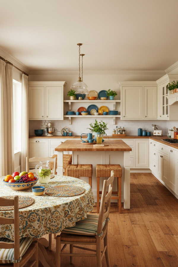 Open Kitchen Layout, Cream White Shaker, U-Shape Configuration, Open Dining Connection, Sunlit Spacious Area Open Kitchen Layout, Cream White Shaker, U-Shape Configuration, Open Dining Connection, Sunlit Spacious Area