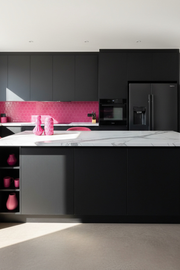 Open Kitchen Island, Black Matte Cabinetry, Waterfall Countertop, Storage Underneath, Vibrant Modern Space Open Kitchen Island, Black Matte Cabinetry, Waterfall Countertop, Storage Underneath, Vibrant Modern Space