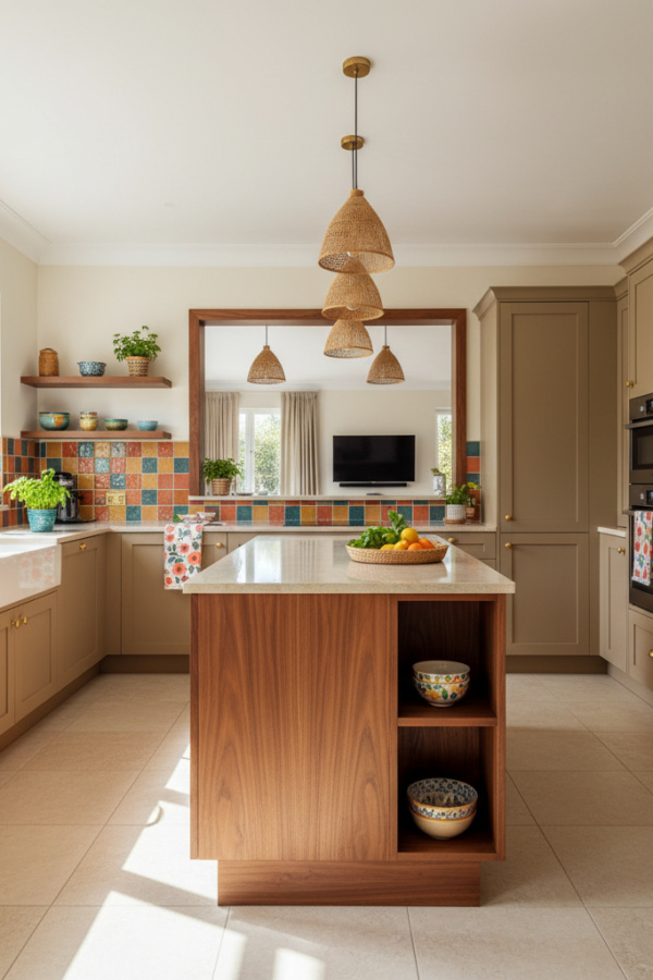 Open Kitchen Peninsula, Warm Walnut Wood, Half Wall Design, Pass-Through Window, Bright Airy Space Open Kitchen Peninsula, Warm Walnut Wood, Half Wall Design, Pass-Through Window, Bright Airy Space