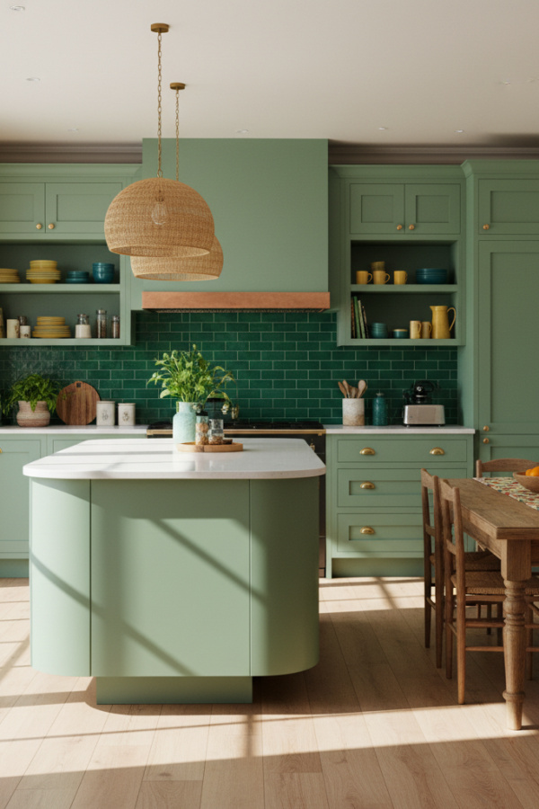 Open Kitchen Island, Soft Sage Green, Floating Design, Walk-Around Access, Sunlit Open Flow Space Open Kitchen Island, Soft Sage Green, Floating Design, Walk-Around Access, Sunlit Open Flow Space