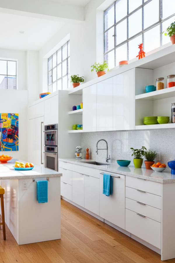 Open Kitchen Layout, White Lacquer Finish, One Wall Design, Living Area Integration, Vibrant Loft-Style Space Open Kitchen Layout, White Lacquer Finish, One Wall Design, Living Area Integration, Vibrant Loft-Style Space