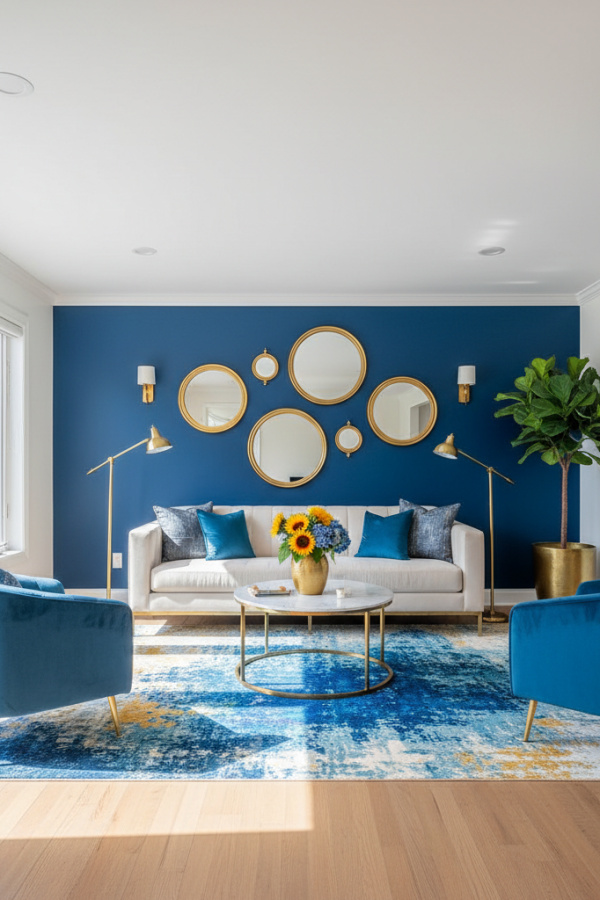 Living Room Accent Wall, Navy Blue Paint, Behind Sofa, White Walls Rest of Room, Bright Modern Space