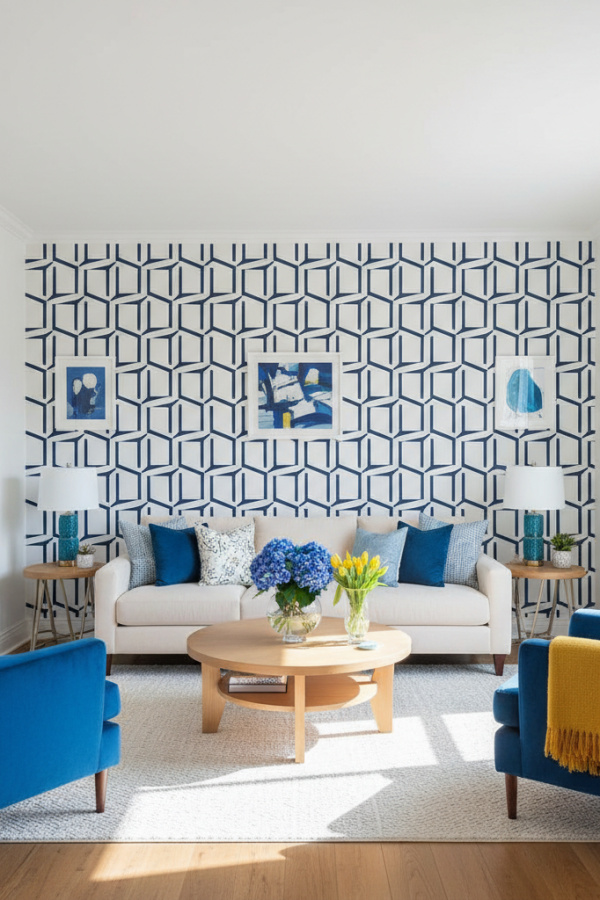 Living Room Accent Wall, Simple Geometric Wallpaper Navy White, Behind Sofa, White Walls, Bright Contemporary Space