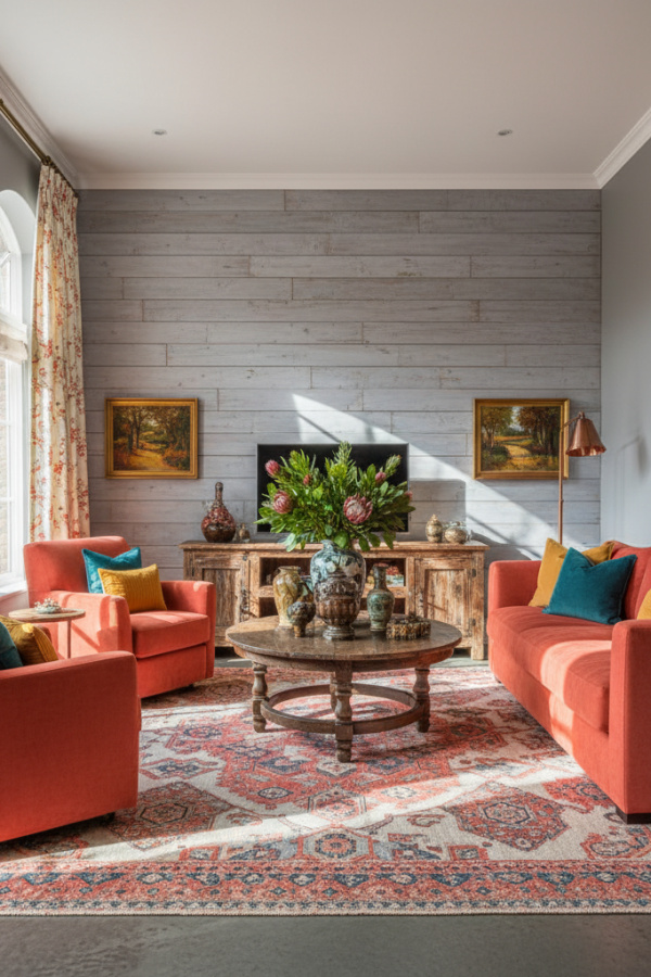 Living Room Accent Wall, Horizontal Wood Plank Pattern, Behind TV Console, Pale Gray Walls, Sunlit Industrial Space