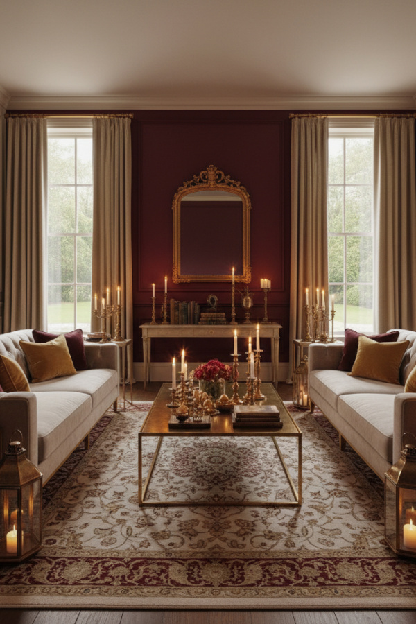 Living Room Accent Wall, Deep Burgundy Paint, Behind Seating, Cream Walls, Vibrant Traditional Space