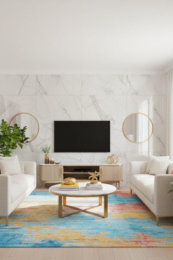 Living Room Accent Wall, Large Format Marble Tile, Behind Media Center, White Walls, Bright Luxe Space