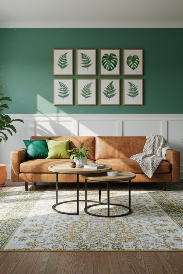 Living Room Accent Wall, Sage Green Paint, Behind Sofa, Lower Half White Wainscoting, Sunlit Organic Modern Space