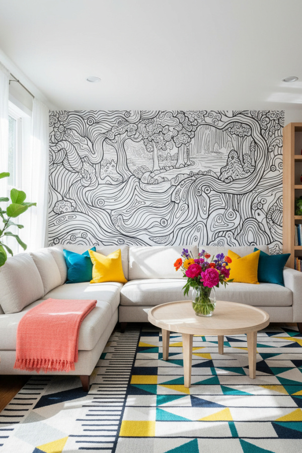 Living Room Accent Wall, Black and White Mural, Behind Sectional, White Walls, Vibrant Artistic Space