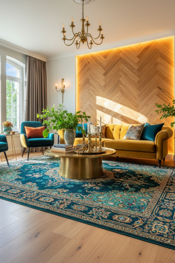 Living Room Accent Wall, Herringbone Wood Pattern, Behind Seating Area, Light Wood Floors, Sunlit Sophisticated Space