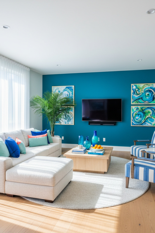 Living Room Accent Wall, Teal Blue Paint, Behind TV, White Walls and Ceiling, Vibrant Coastal Modern Space