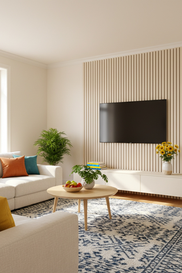 Living Room Accent Wall, Vertical Wood Slat Pattern, Behind TV, Cream Walls, Sunlit Contemporary Space
