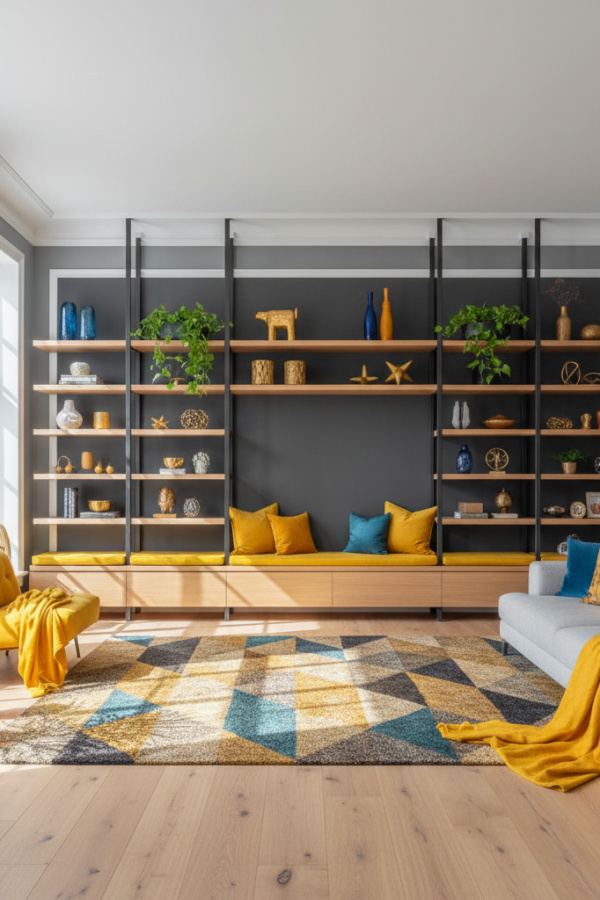Living Room Accent Wall, Charcoal Gray Paint, Behind Shelving, Light Gray Perimeter, Bright Minimalist Space