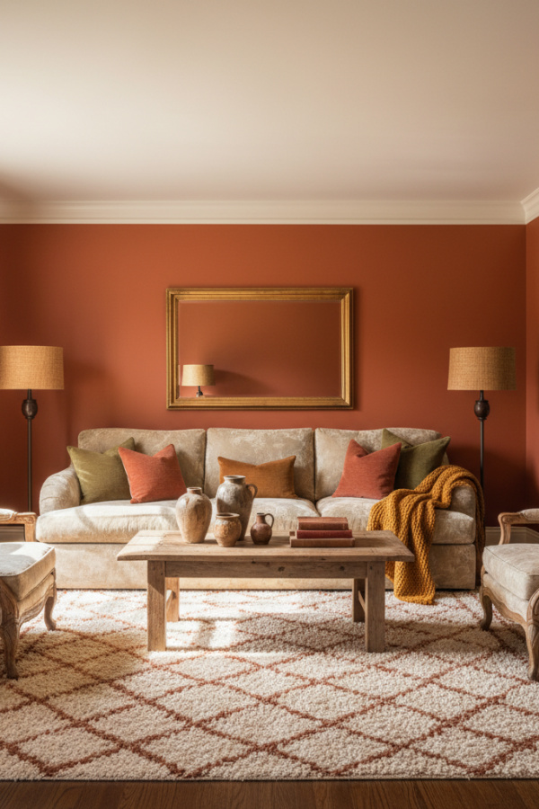 Living Room Accent Wall, Terracotta Orange Paint, Sofa Wall, White Ceiling and Trim, Sunlit Warm Space