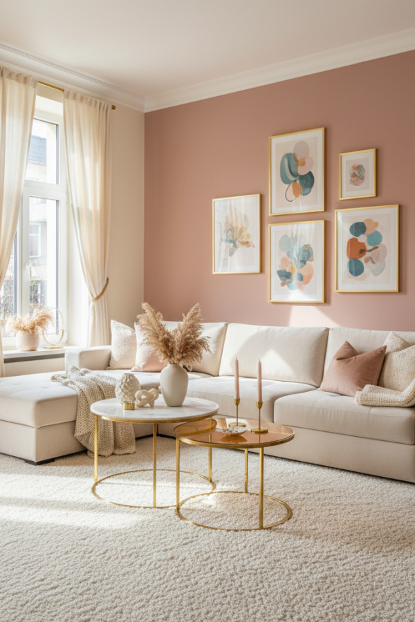 Living Room Accent Wall, Dusty Rose Pink Paint, Behind Artwork, Cream Walls, Bright Feminine Space