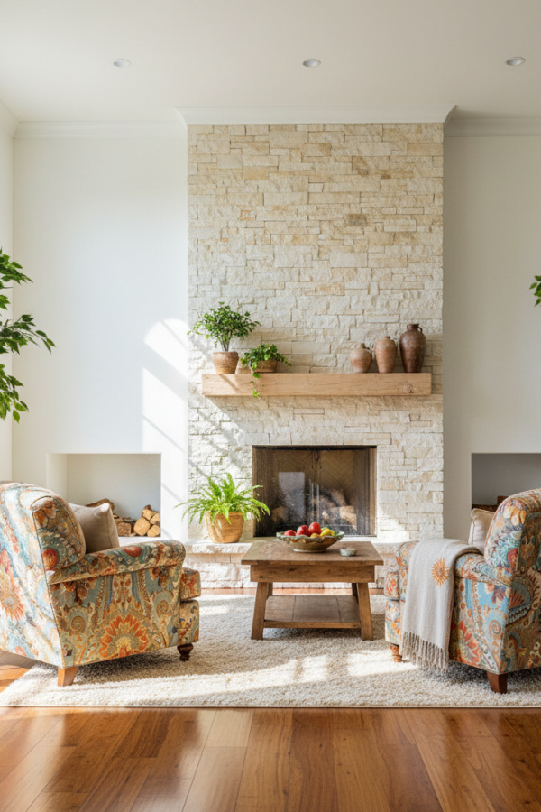 Living Room Accent Wall, Natural Stone Stacked, Fireplace Surround, White Walls, Sunlit Rustic Space