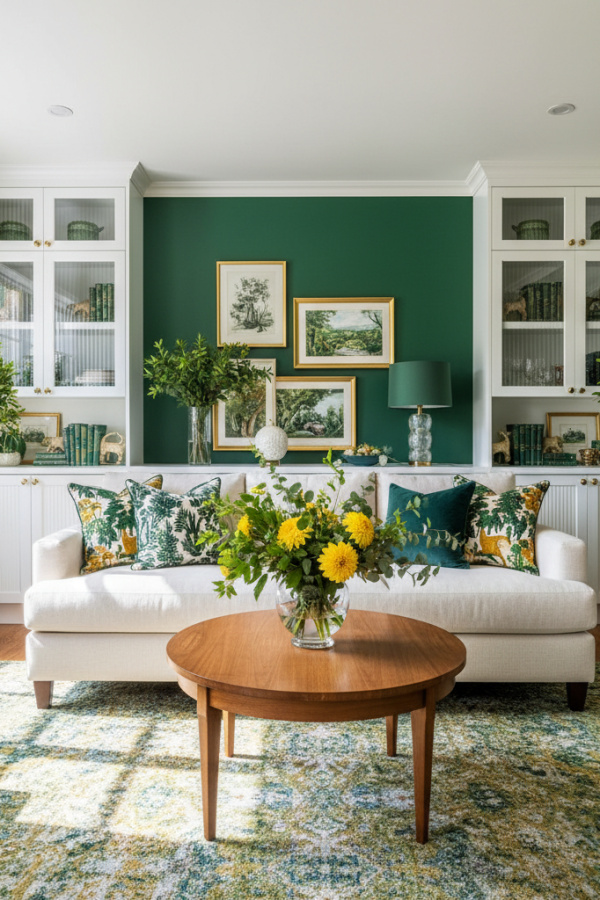 Living Room Accent Wall, Forest Green Paint, Behind Two Built-In Units, White Cabinetry, Vibrant Transitional Space