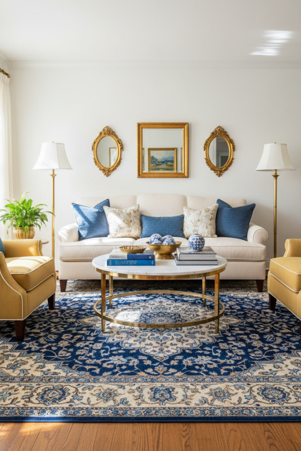 Living Room Blue Rug, Navy Blue Persian Pattern, Cream Sofa, White Walls, Bright Traditional Space