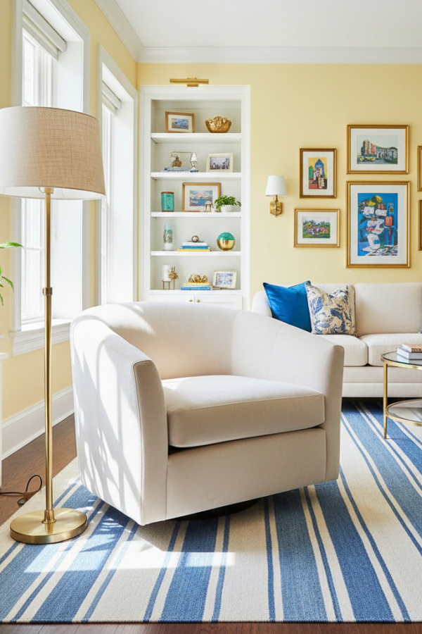 Living Room Blue Rug, Dusty Blue Striped, Cream Armchair, Brass Accents, Bright Transitional Space