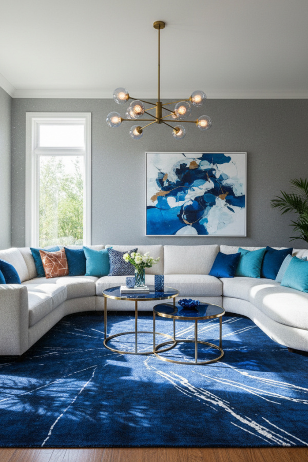 Living Room Blue Rug, Midnight Blue Abstract, White Sectional, Gray Walls, Sunlit Modern Space