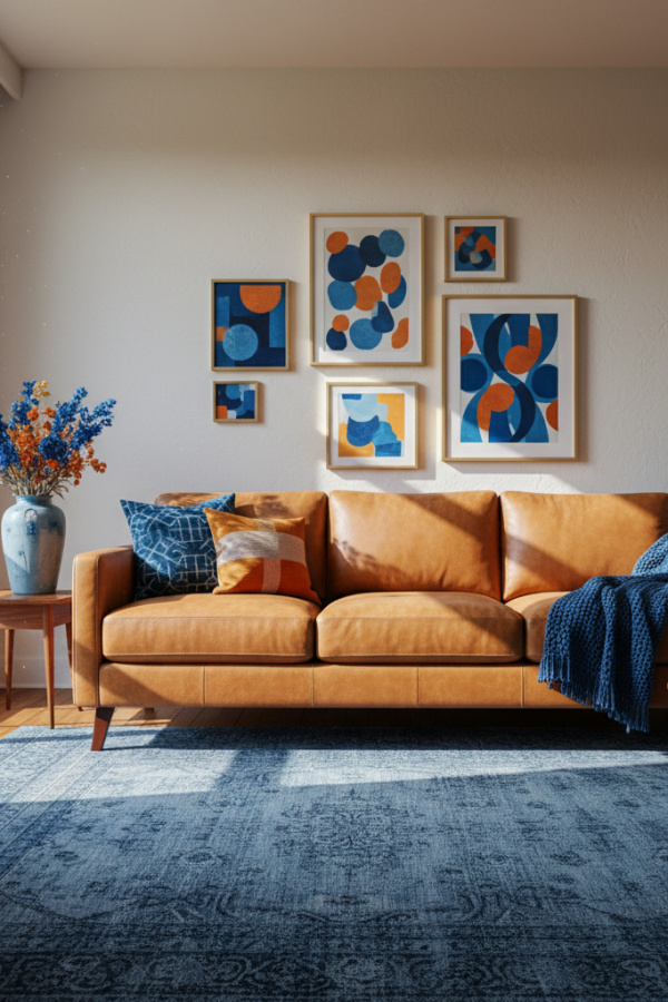 Living Room Blue Rug, Slate Blue Textured, Tan Leather Sofa, Neutral Palette, Vibrant Minimalist Space